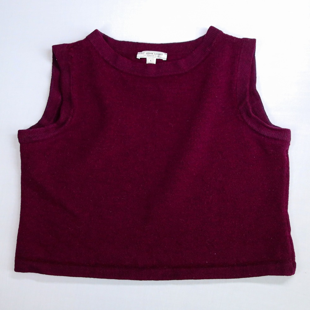 Vintage‎ St John Sport Marie Gray Sweater Vest Women L Burgundy Wool Blend Shell